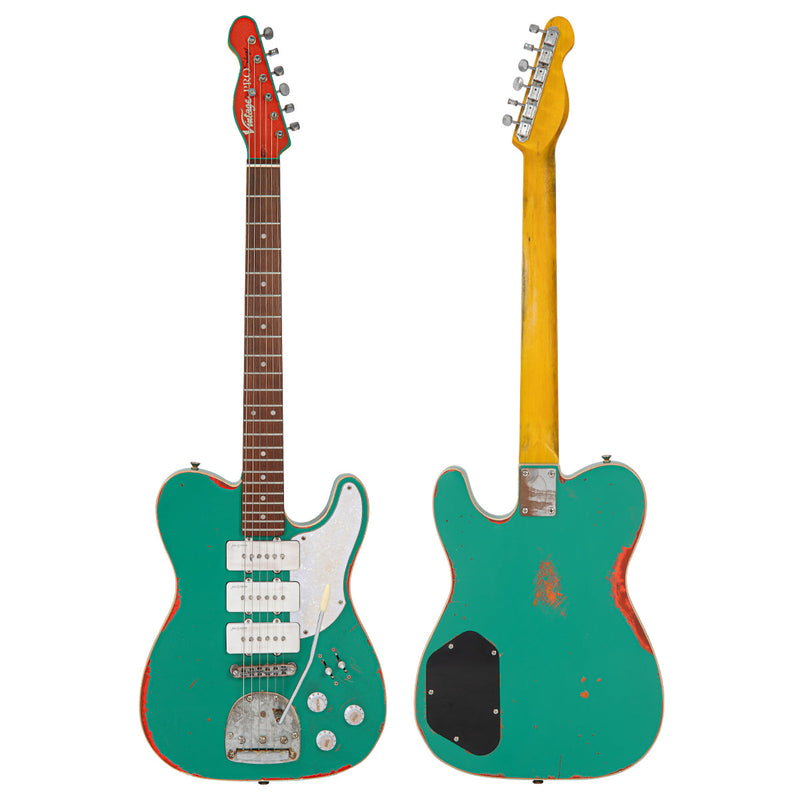 Aged Green Over Neon Orange Vintage Revo VRBT72 ProShop Unique Electric Guitar