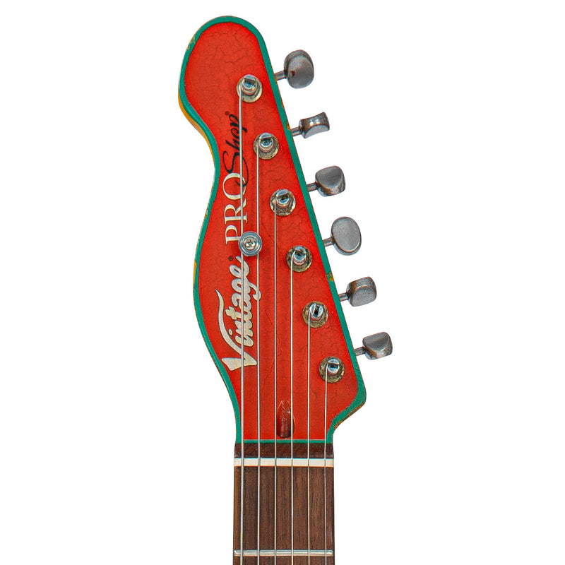 Aged Green Over Neon Orange Vintage Revo VRBT72 ProShop Unique Electric Guitar