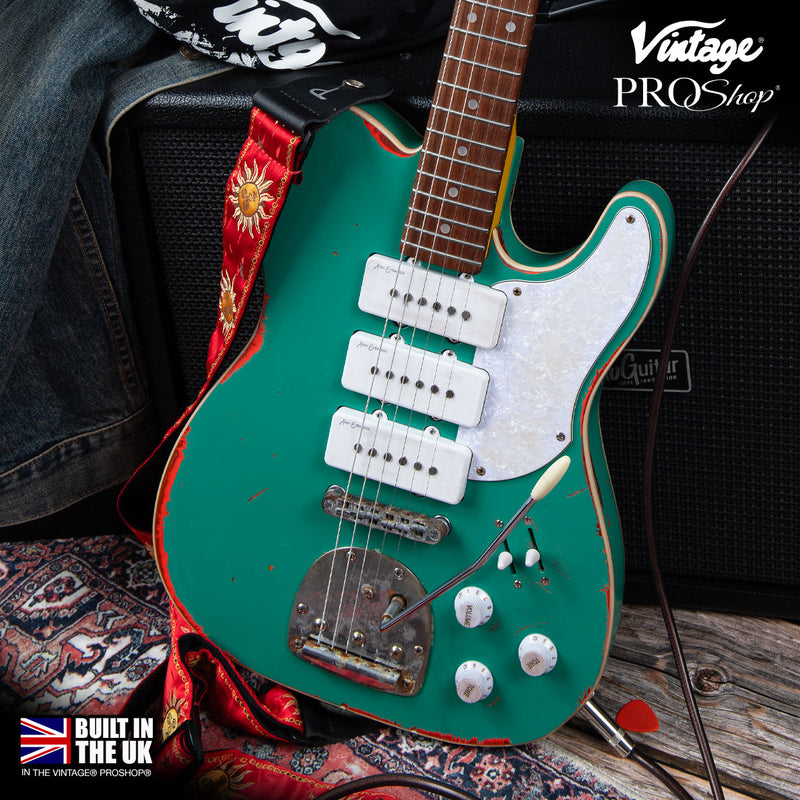 Aged Green Over Neon Orange Vintage Revo VRBT72 ProShop Unique Electric Guitar