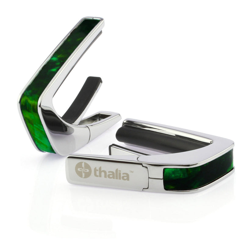 Thalia Exotic Series Shell Collection Capo ~ Chrome with Green Angel Wing Inlay