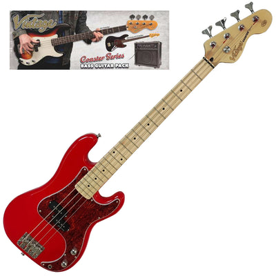 Vintage V30 Maple 7/8 Size Coaster Series Bass Guitar Pack ~ Gloss Red